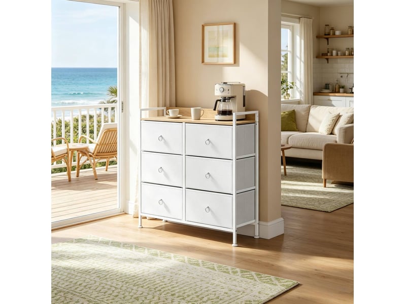  Commode de rangement avec 6 tiroirs et plateau ouvert, anti-basculement, pour entrée et salon en bois, métal et tissu blanc  - Conforama B