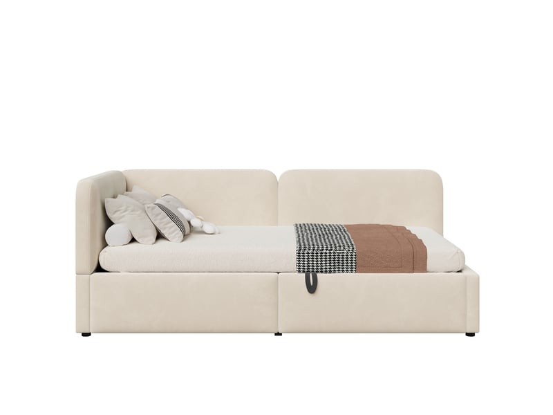 Lit banquette coffre 90 x 200 cm avec rangement hydraulique sous le sommier, haut dossier rembourré, lit simple, velours, beige Morn Vibe - Conforama A