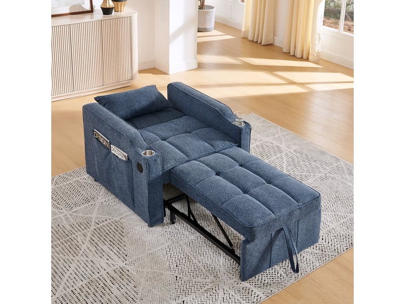  Fauteuil convertible tcqpz 3 en 1 1 place avec usb et type-c couchage 190 cm dossier réglable 3 positions poches latérales tissu bleu marine  - Conforama E