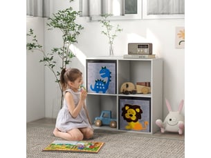 Étagère jouets enfant blancgris, bibliothèque avec 2 bacs de rangement, 61,8x29,9x61,8 cm