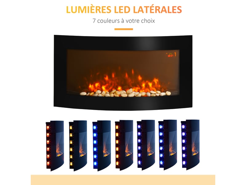 Cheminée électrique murale éclairages latéraux led design affichage avant-gardiste led avec télécommande et minuterie 10002000 w luminosité réglable noir - Conforama W