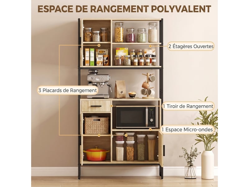 Buffet haut cuisine - meuble micro-onde style industriel - métal noir effet bois naturel - Conforama D