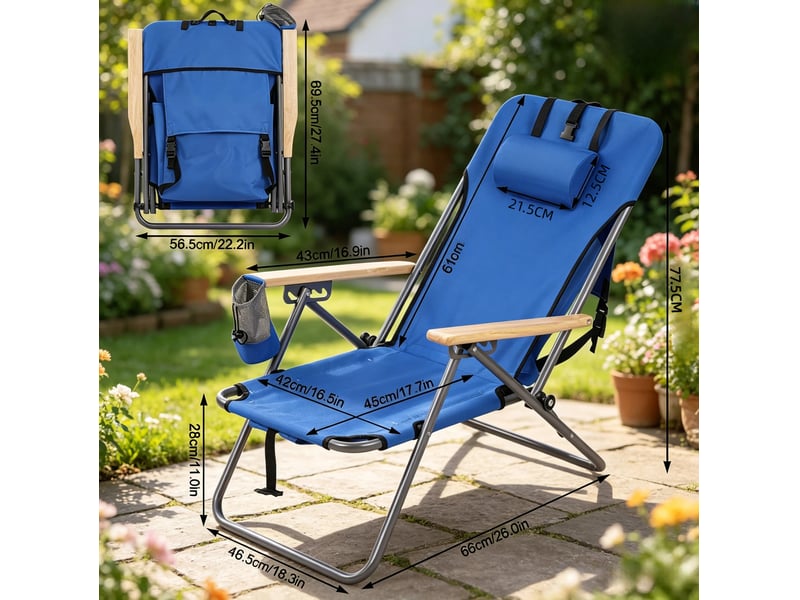  Fauteuil de camping pliant 66 x 56 x 77,5 cm – bleu – dossier réglable 4 positions, appui-tête et sac latéral  - Conforama C