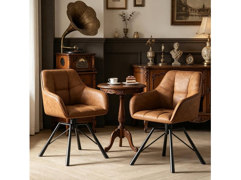 Chaise de salle à manger pivotante 360 degrés avec accoudoirs et dossier, lot de 2, en similicuir marron clair - Conforama D