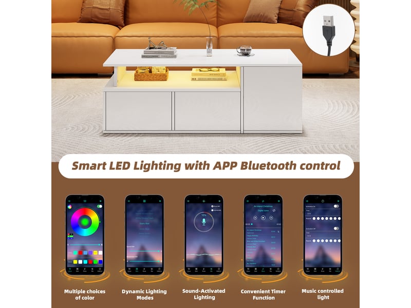  Table basse avec led 100x50x35 cm table de salon blanche 2 tiroirs  - Conforama R