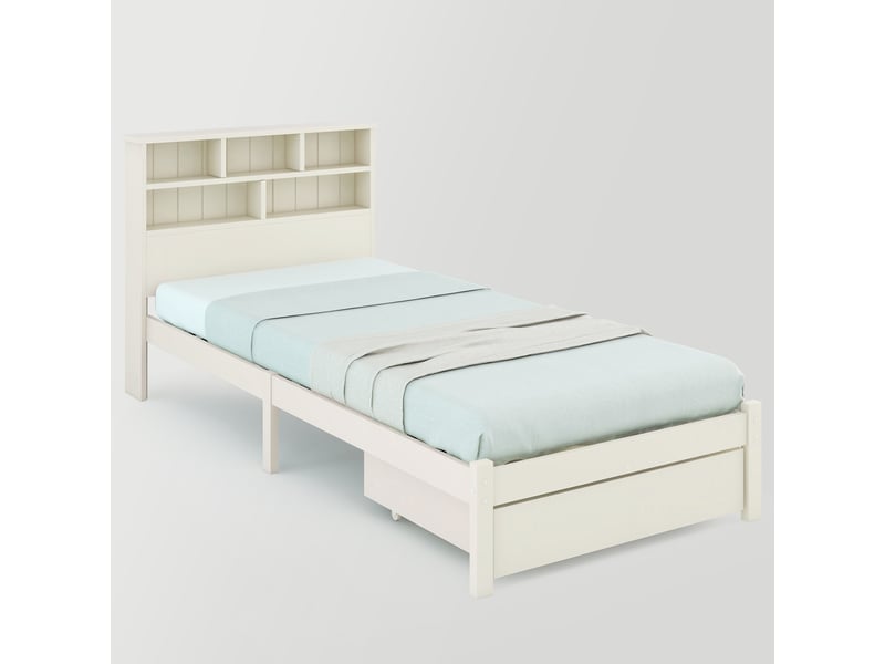 Lit simple 90 × 200 blanc en pin, tête bibliothèque et tiroir IKSETERA TRADING LTD - Conforama A