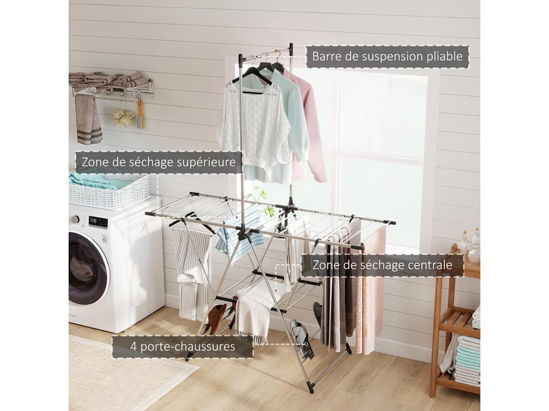  Séchoir à linge étendoir pliable en acier inoxydable argenté 139 x 62,5 x 201 cm  - Conforama D