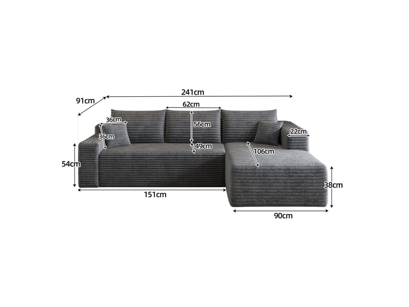  Canapé d'angle 3 places 241 cm en velours côtelé gris, assise profonde et installation sans outils  - Conforama C