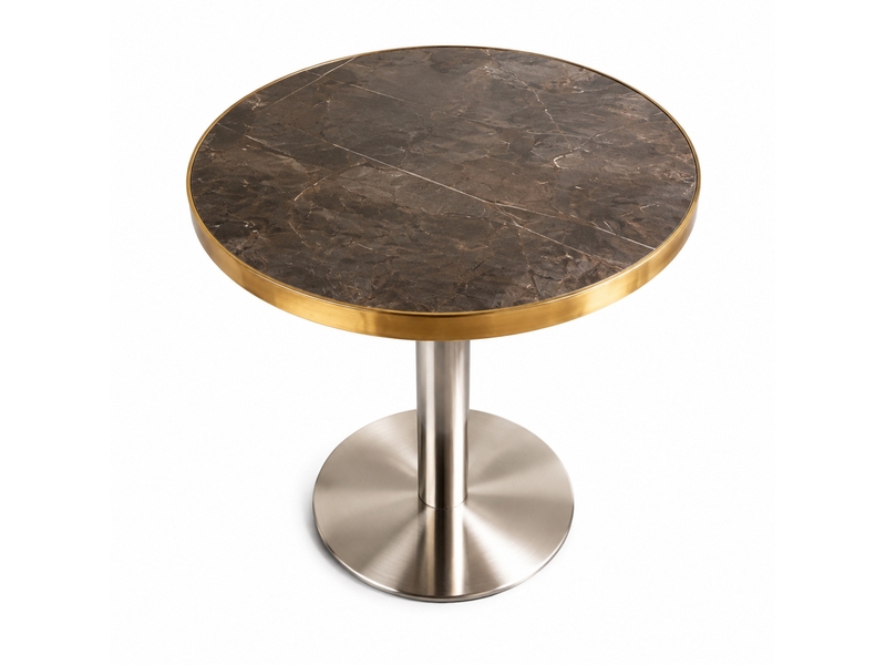 Table basse fixe ronde avec plateau en mdf traité uv effet marbre, cadre doré et pied central stable pour salon, grise - Conforama A