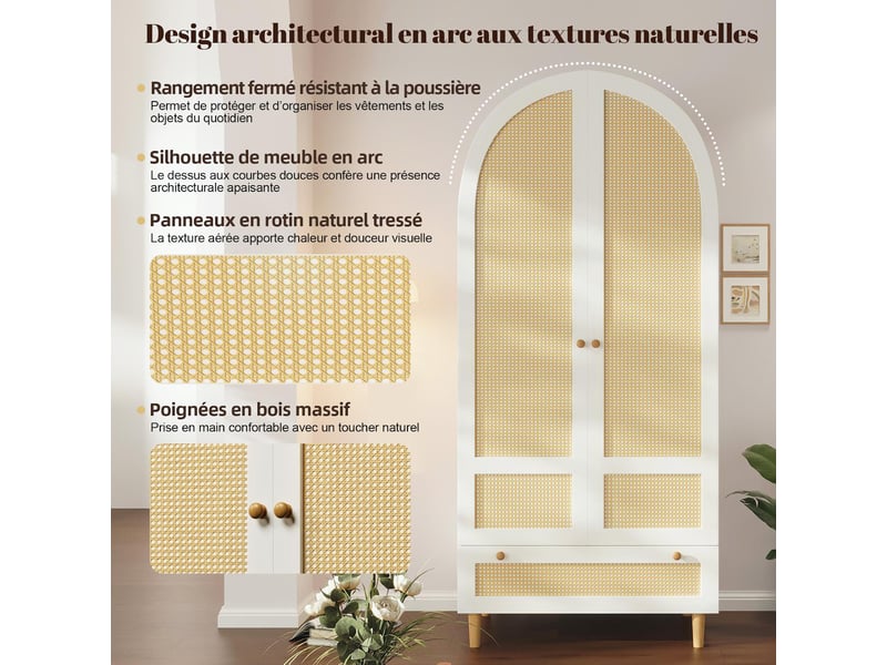  Armoire 1 penderie et 1 tiroir en mdf et rotin blanc 80 x 50 x 180 cm  - Conforama D