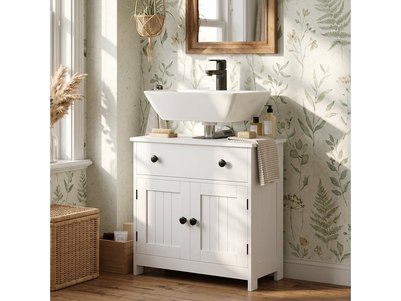  Meuble sous lavabo de salle de bain, meuble moderne sur pied avec charnières à fermeture douce, tiroir, 2 portes, blanc  - Conforama D
