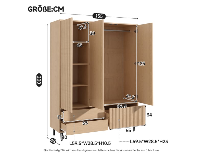 Armoire 3 portes 135x45x200 cm effet chêne clair avec miroir et 3 tiroirs - Conforama C