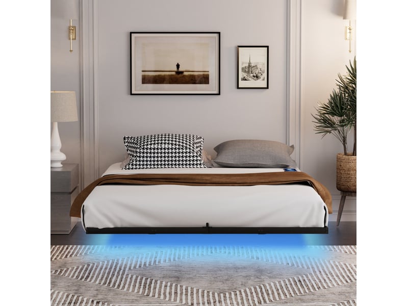  Modenvie lit double 160x200 cm - structure flottante avec led et ports usb-c - usage quotidien - noir  - Conforama D