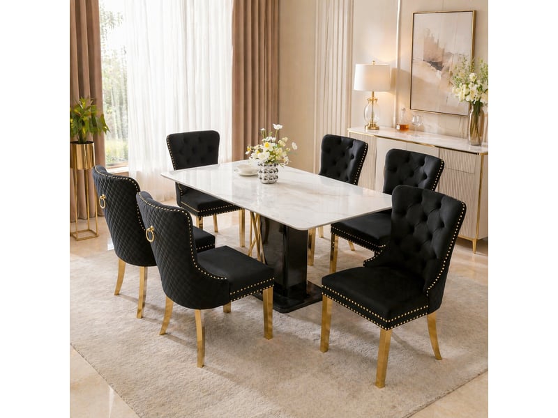  Lot de 6 chaises de salle à manger en velours noir et doré  - Conforama B