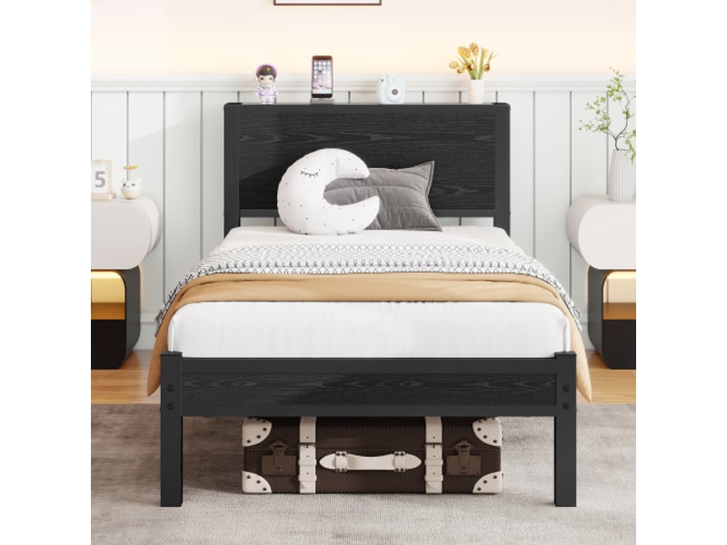  Lit enfant 90x200 cm avec tête de lit, sommier à lattes, sans matelas,  en métal, noir  - Conforama D