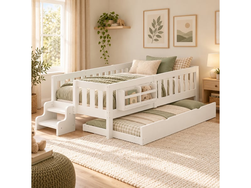  Lit enfant 90x200 cm avec lit gigogne 90x190 cm, bibliothèque intégrée, marche d’accès, garde-corps, sommier à lattes, bois massif et mdf blanc  - Conforama B