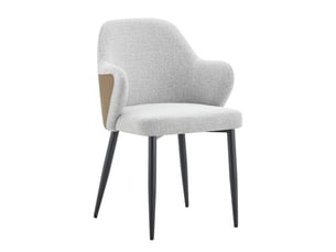 Lot de 2 chaises d'appoint gris clair, hauteur 83 cm, accoudoir absent, assise en tissu structuré gris clair et pu marron, pieds métalliques croisés noirs, design moderne élégant