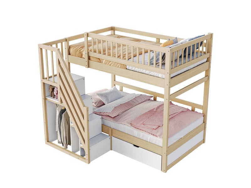  Lit superposé 90x200, garde-corps sécurité lit superposé enfant, échelle rangement intégré, bois massif  - Conforama E