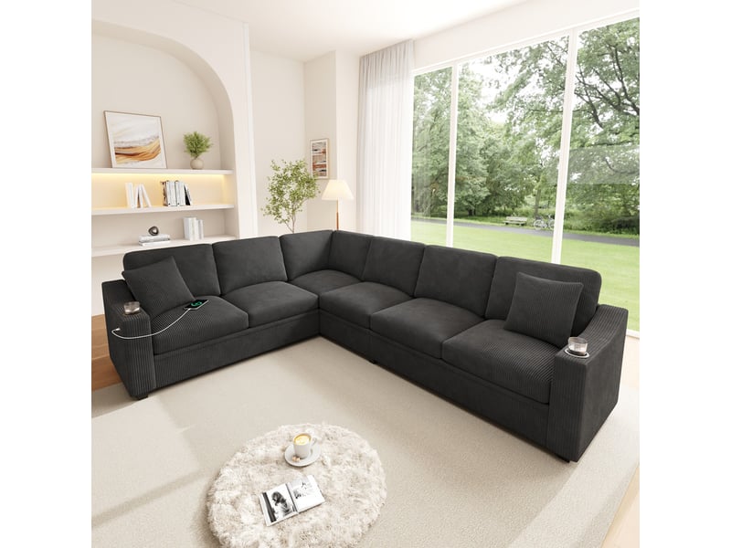 Canapé d'angle convertible,6 places, avec port de charge rapide usbtype-c, 2 porte-gobelets et 2 coussins,277 x 215 x 85 cm,gris - Conforama D