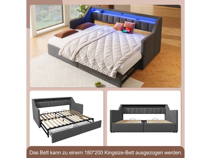  Lit de jour 90x200 gris en lin avec lit gigogne extensible 180x200, led, usb et 2 tiroirs  - Conforama D