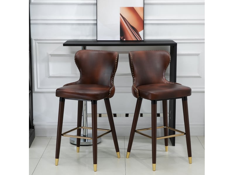 Ensemble de 2 tabourets de bar élégants au look rétro avec repose-pied et dossier, fauteuil de cuisine brun pu 52x53x101 cm - Conforama B