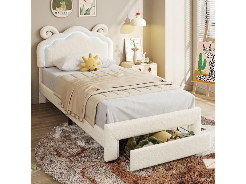  Lit enfant 90x200 cm en teddy bouclé beige - tête de lit en forme de mouton - led 7 couleurs avec application et télécommande - grand tiroir de rangement intégré - sommier à lattes en bois inclus - lit 1 place pour fille, garçon…  - Conforama W