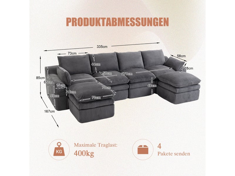  Canapé modulable 4 places en velours côtelé gris foncé avec 2 poufs, coussins et poches latérales  - Conforama C