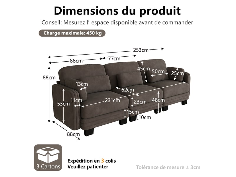  Canapé droit modulable 3 places en chenille marron 253x88x88 cm  - Conforama C