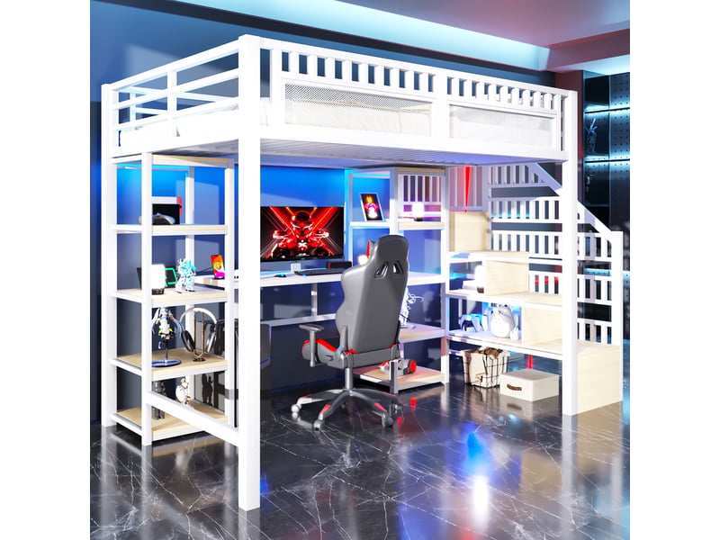  Lit mezzanine 140x200 cm coloris blanc led métal lit enfant blanc - Conforama D