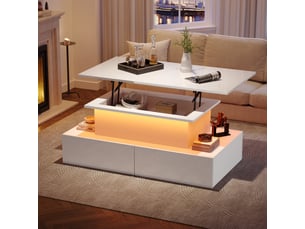 Table basse led 90x55x41 cm avec plateau relevable et rangement caché, table de salon à 4 tiroirs sans poignées, panneau de particules, blanc brillant