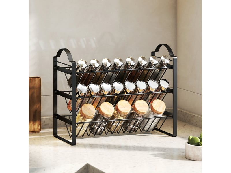 Étagère à épices à trois niveaux pour la cuisine, rangement gain de place avec étagères métalliques inclinées, noire  - Conforama C