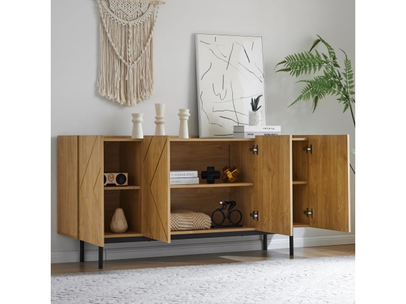  Buffet de salon,avec 4 portes et incrustation en métal,polyvalente armoire d'appoint, armoire sur pied,bois naturel,78x160x40 cm  - Conforama C