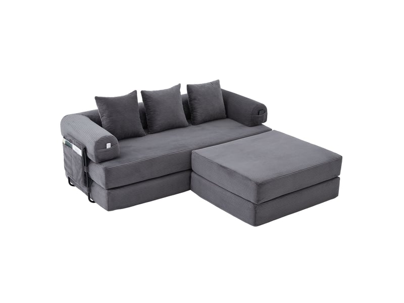  Canapé modulable modenvie 3 places avec pouf et coussins 200 x 190 x 67 cm velours côtelé gris foncé  - Conforama A