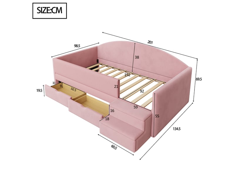  Lit 90x190 rembourré avec 2 tiroirs et marches, rose evryae  - Conforama E