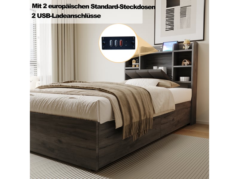  Lit coffre simple 90x200 cm avec tête de lit à rangement, niches de rangement, usb et type-c, sommier à lattes, mdf, gris Morn Vibe - Conforama E