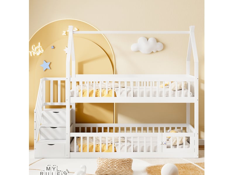 Lit superposé enfant 90x200 cm en bois, toit, escalier et tiroirs, blanc - Conforama D