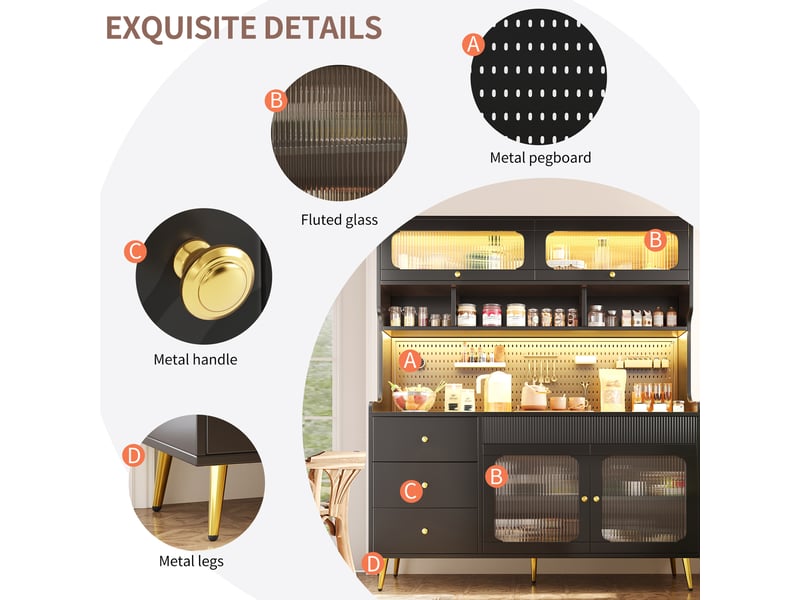 Buffet haut,145x39x171 cm,led et rangement,mdf et verre,noir  - Conforama E