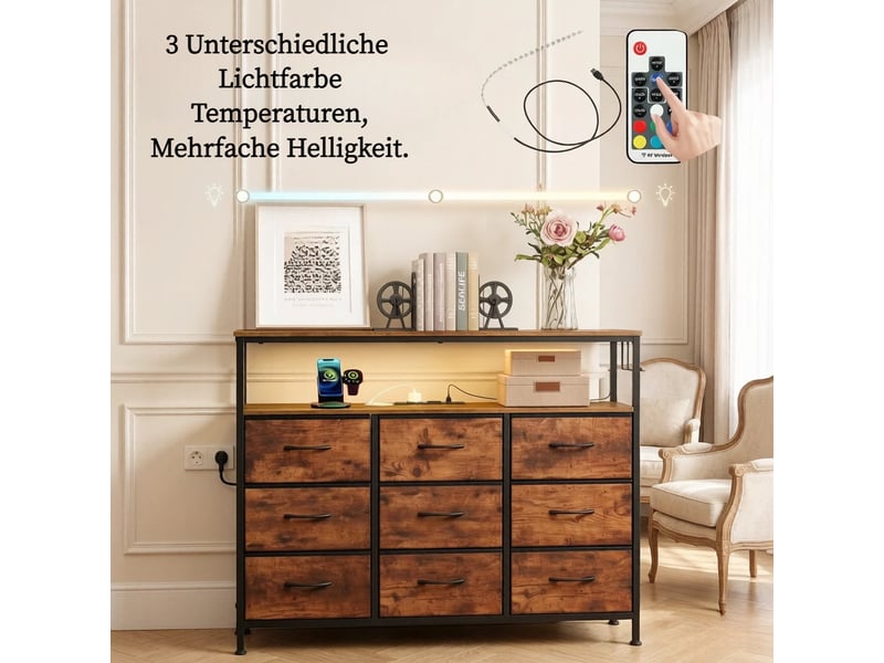  Commode 9 tiroirs 2 étagères avec multiprise et led marron rustique 110x30x85 cm T5828P540316 - Conforama D