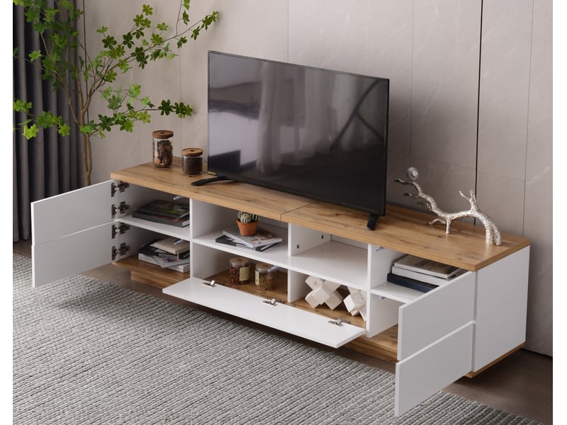  Meuble tv 180x38x46 cm, bicolore blanc et panneauxeffet bois, portes à motif grillagé, poignée intégrée, structure mdf  - Conforama D