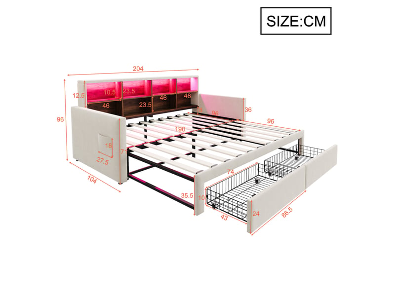  Lit rembourré tcqpz 90 x 190 cm extensible 180 cm avec tête de lit rangement led prises 2 tiroirs velours beige  - Conforama C