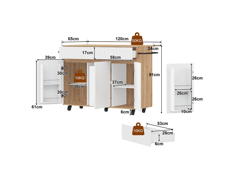  Îlot de cuisine mobile avec plateau rabattable, blanc et bois, 120 x 65 x 91 cm  - Conforama D