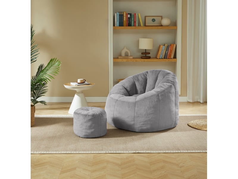  Fauteuil poire fleur modenvie avec repose-pieds en tissu imitation fourrure gris clair 105 x 105 x 70 cm  - Conforama E