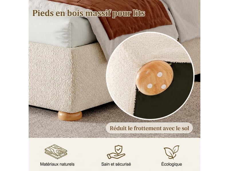  Lit coffre 140x200 double en tissu bouclette beige avec sommier à lattes et rangement hydraulique  - Conforama D