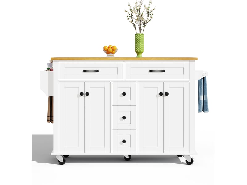  Îlot de cuisine multifonctionnel avec plateau de travail extensible 120×65 cm, 5 tiroirs, placards, support épices et torchons, sur roulettes  - Conforama D