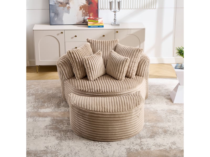 Fauteuil rond avec repose-pieds mobile et 5 coussins, dossier et accoudoirs, en velours côtelé camel et marron - Conforama C