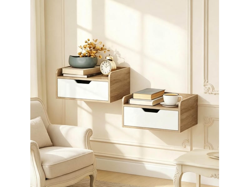  Lot de 2 tables de chevet murales en panneau de particules blanc et bois clair, avec tiroir et plateau à rebords  - Conforama D