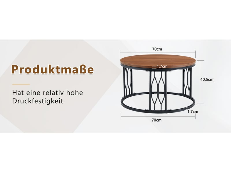  Table basse ronde 70x70x40,5 cm, décor bois, style moderne, meuble d'appoint, pratique, en mdf et métal, bois foncé  - Conforama C