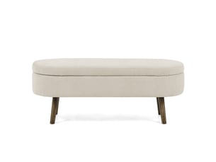 Banc coffre en chenille et bois massif beige 110×40×42 cm, rangement 20 l, forme arrondie, pieds en bois