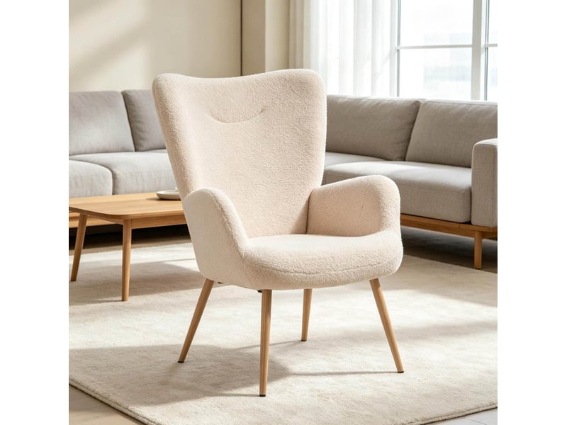 Fauteuil à dossier haut avec accoudoirs intégrés pour salon, chambre ou coin lecture en polyester beige - Conforama D