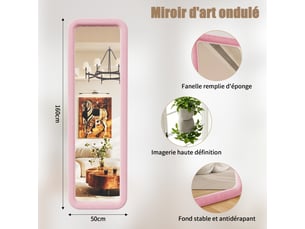 Miroir sur pied - 160 x 50 cm - rose - miroir plein pied rectangulaire à coins arrondis, cadre rembourré en velours, style romantique français